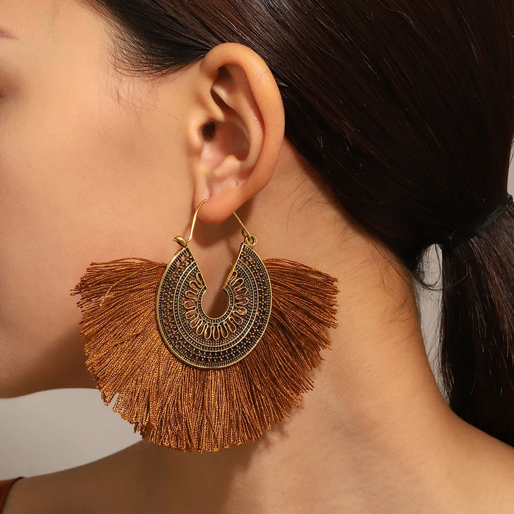 Retro Exaggerate Sector Tassel Earrings Bohemia Ethnic Style Khaki Drop Earrings Hollow Metal Jewelry For Women Party Earrings