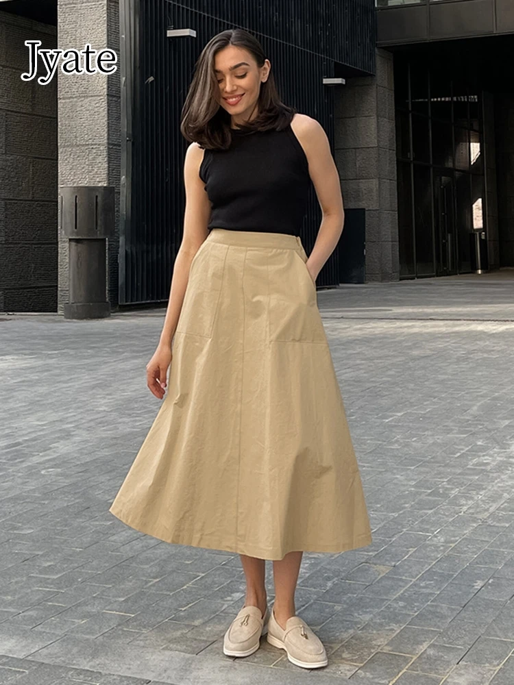 

Jyate Khaki Elegant Pockets Skirts Women Autumn 2024 Office Ladies A-Line High Waist Skirts Loose Casual Midi Skirts Pleated