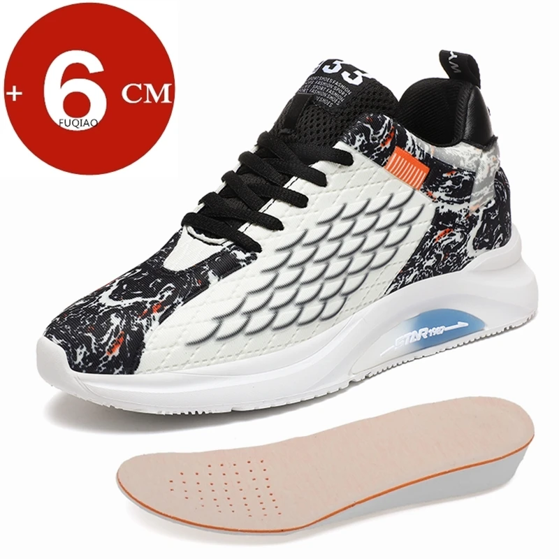 

Men 6CM Invisible Height Increasing Shoes Summer Breathable Fish Scale Pattern Lace Up Non Slip Casual Elevator Sports Sneakers