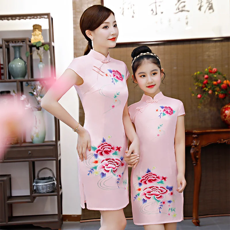 

Parents and Children's Summer Clothes, Chinese Style Cheongsam, Manual Coil Buckle, Imitation Silk, Slim, Parents and Mothers'