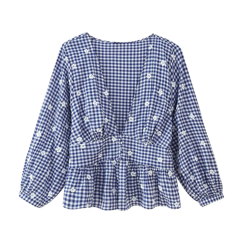 

Taop&Za Summer New Women's Sweet and Versatile V-neck Puff Sleeves Flower Embroidered Small Grid Short Top