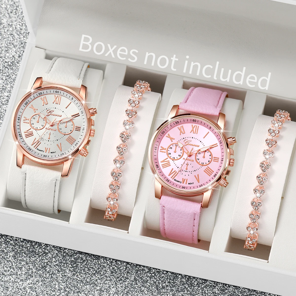 4PCs/Set Women's Watch Fashion Sweet Leather Quartz Watch Full Diamond Heart Bracelet Set