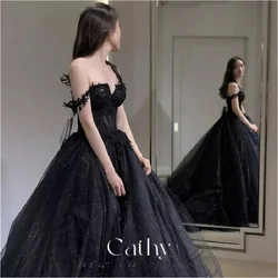 Cathy Black Prom Dresses Ball Gown Tulle فساتين السهرة Elegant Sleeveless Heart Shaped Neck Shiny Sequins Vestidos De Noche 2024