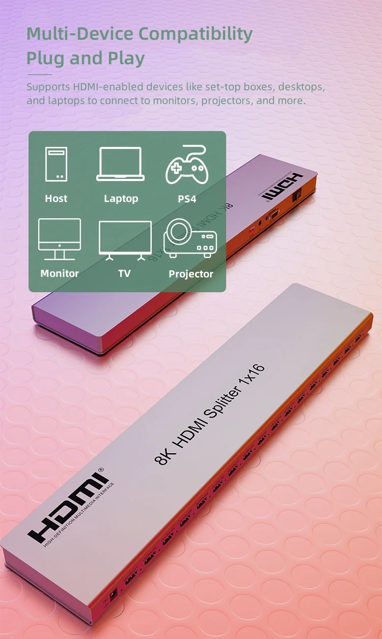 16 Way 8K 60Hz HDMI Video Splitter 1x16 Supports HDR EDID IR for TV Monitor