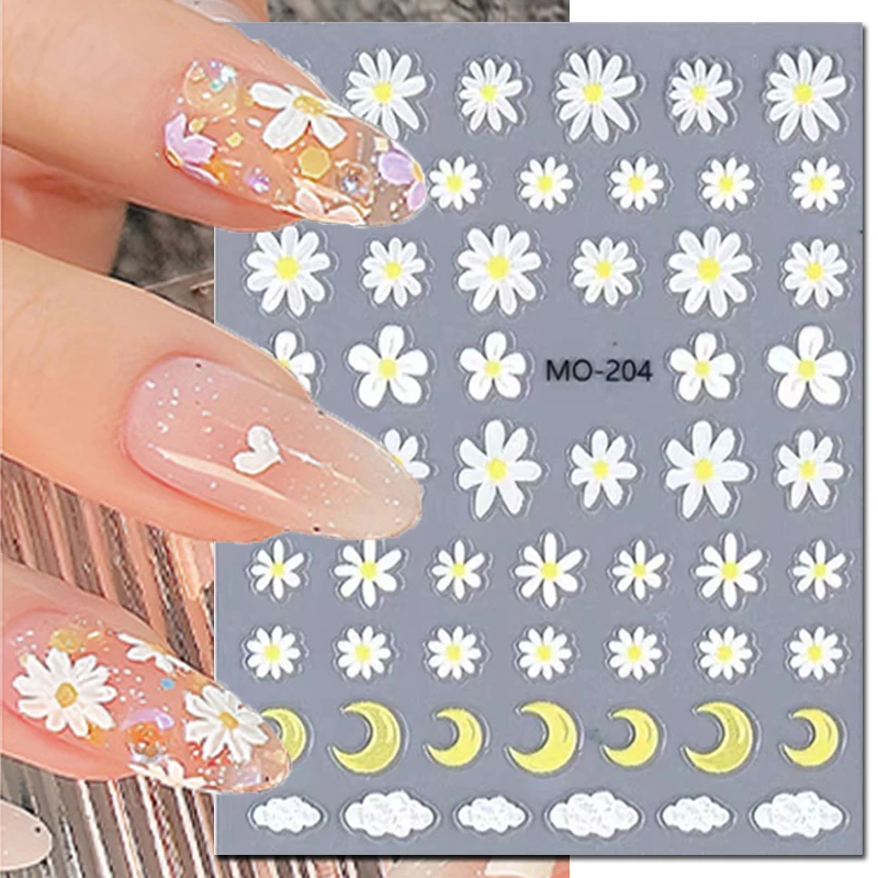 

5d Embossed Nail Art Stickers Oil Painting White Flowers Leaves Adhesive Sliders Decals Decorations For Nail Tips Manicures