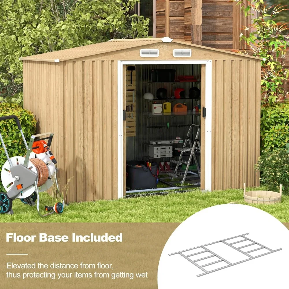 8' X 6' Storage Shed, Galvanized Metal Tool House Organizer W/Base Floor, 4 Vents, Lockable Doors, Waterproof Garden Sheds