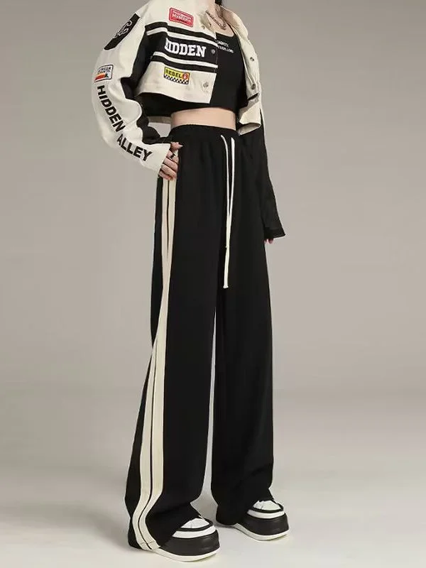 High Waist Side Stripe Straight Leg Wide Leg Pants Loose Slimming Versatile Drapey Sporty Trousers
