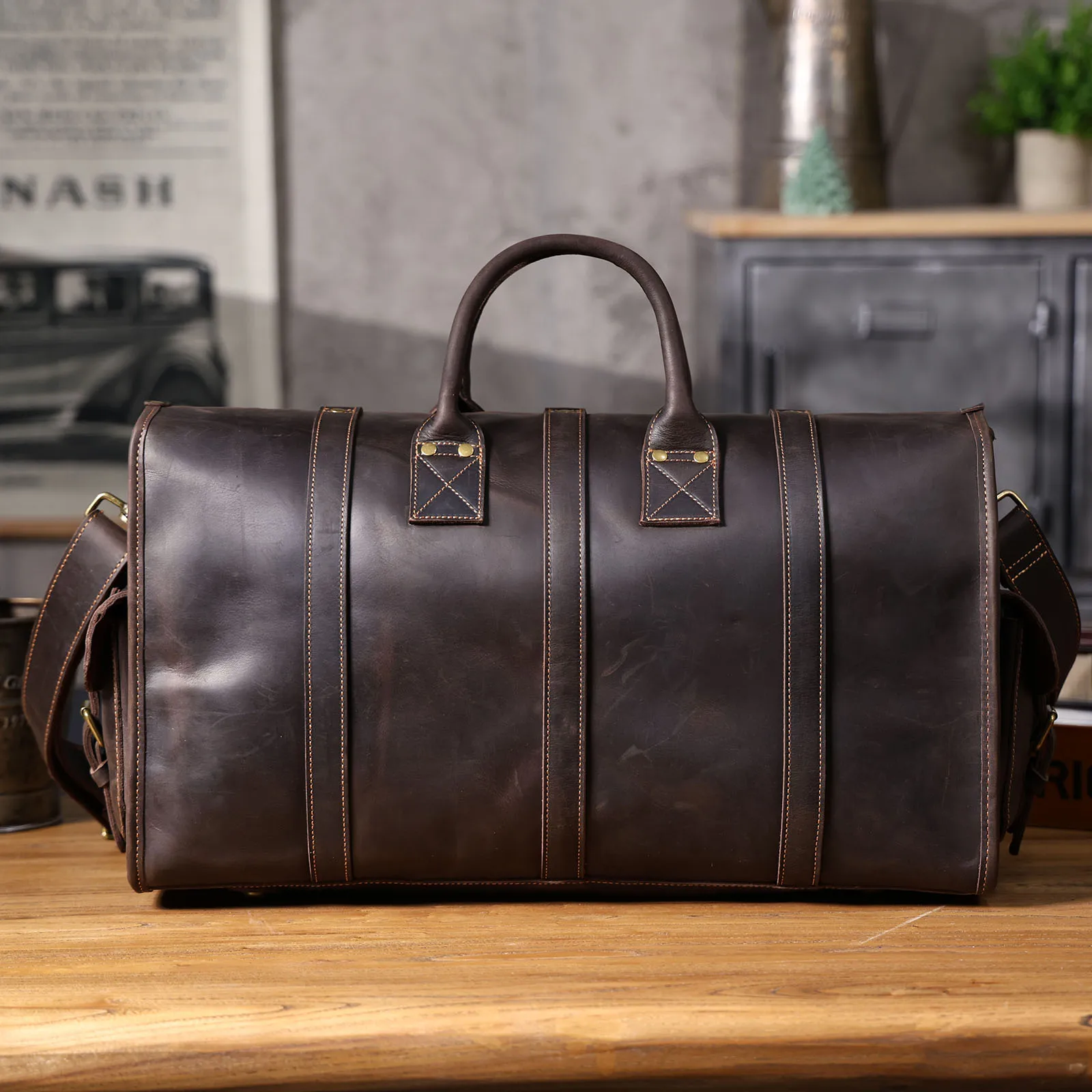Vintage Echtleder-Reisetasche für Herren, Große Kapazität, Leder-Sporttasche, Klassischer Stil, Wochenendtasche, Übernachtungstasche – Detail 10