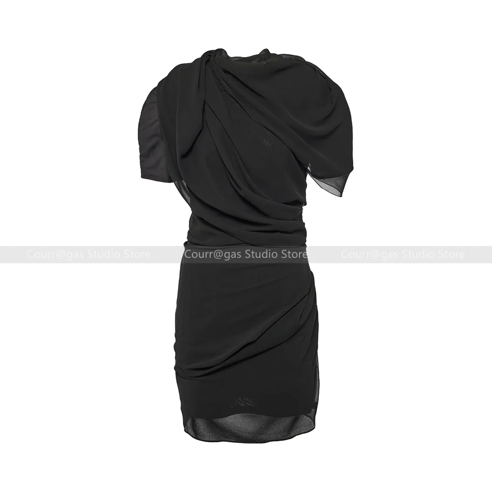 

Shawl collar dress women 24 years summer new temperament irregular pleated draped backless skirt