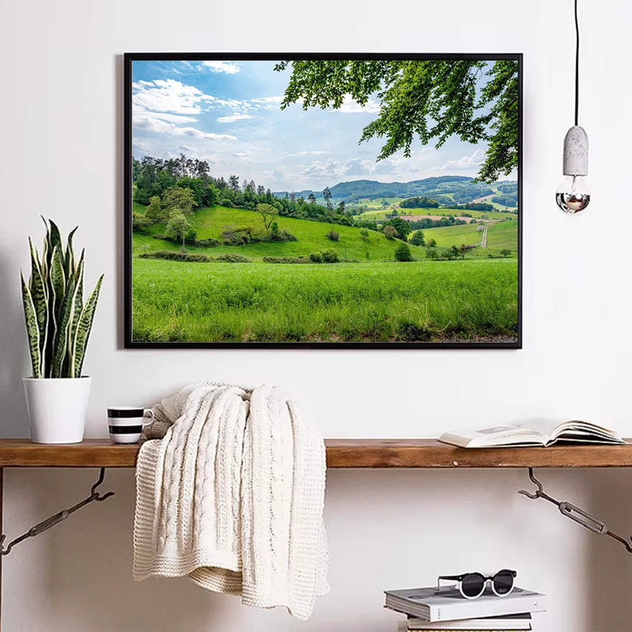 Landscape Canvas Print Wall Art Green Grass Trees Hills Blue Sky Nature Scenery Home Decor Living Room Black Frame