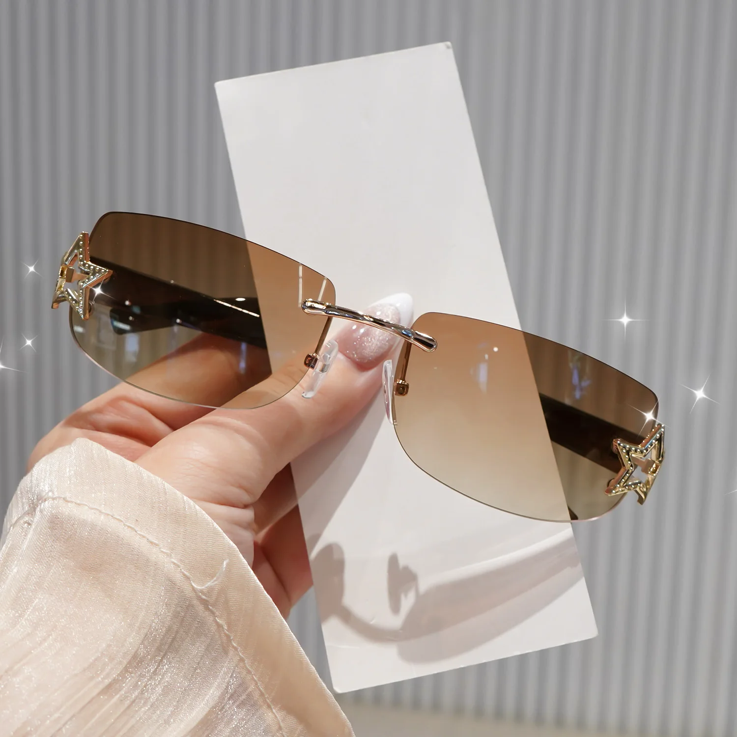 Women Sunglasses Square Sun Glasses Rimless Fashion Glasses Y2K Star Rhinestone Oval Shades UV400 Protection Sunnies for Beach view 2