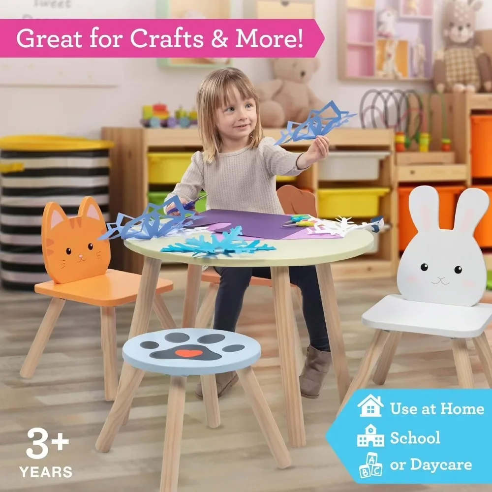 Kids Wooden Animal Table & Chair Set w 3 Seats (Puppy Kitten & Bunny) & Adult Stool for Arts Crafts, Dining