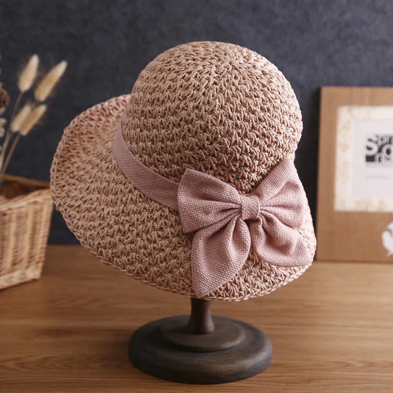 

Summer Sunshade Straw Hats Bowknot Decor Hat For Women Breathable Sunscreen Hats Ladies Travel Beach Vacation Woven Sun Caps