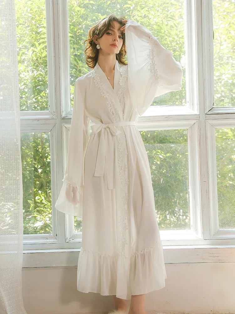 Dawnloom Women's White Lace-Embellished Long Robe with Flared Sleeves And Tie-Waist Luxury Romantic Gentle Home Loungewear