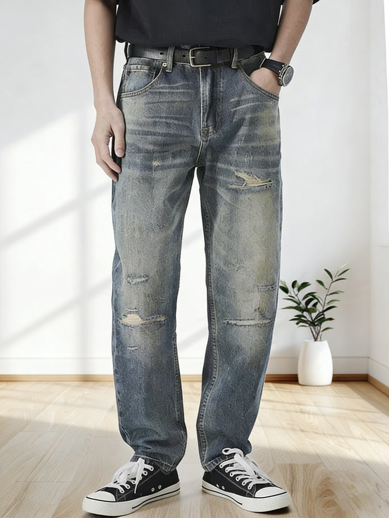 

Корейские мужские джинсы слим-фит с рваными элементами, эластичные, удобные, универсальные, стройнящие, модные длинные брюки для молодежи.