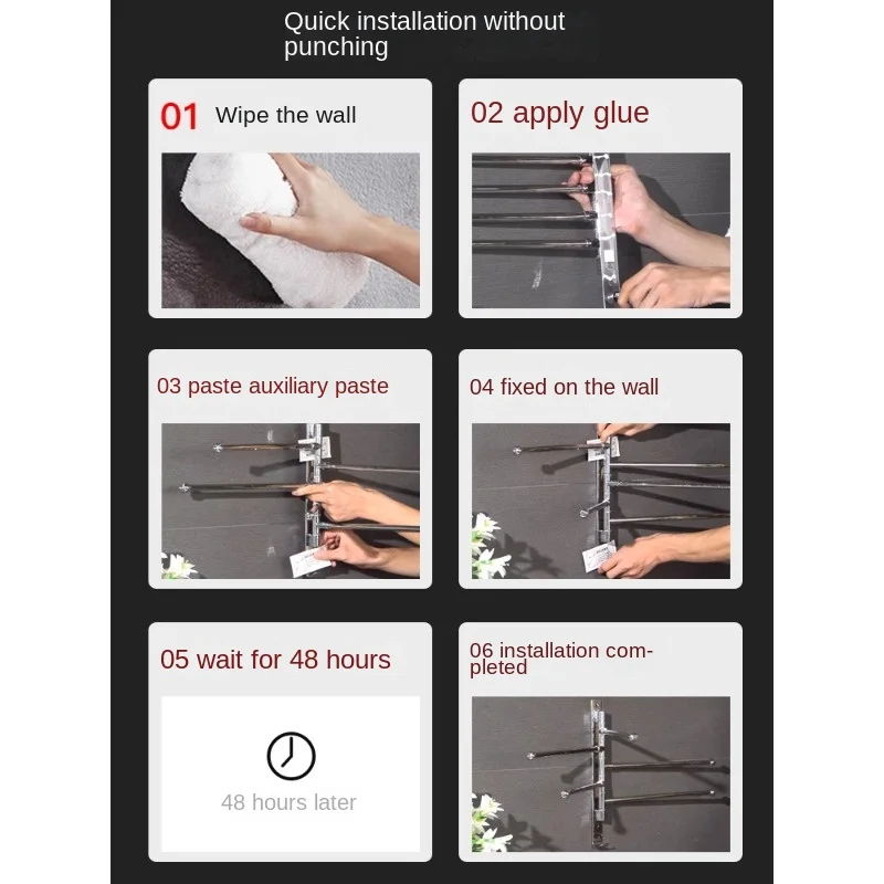 Towel rack punching-free bathroom rack bathroom wall-mounted rotating folding movable hanging towel bar multi-pole.