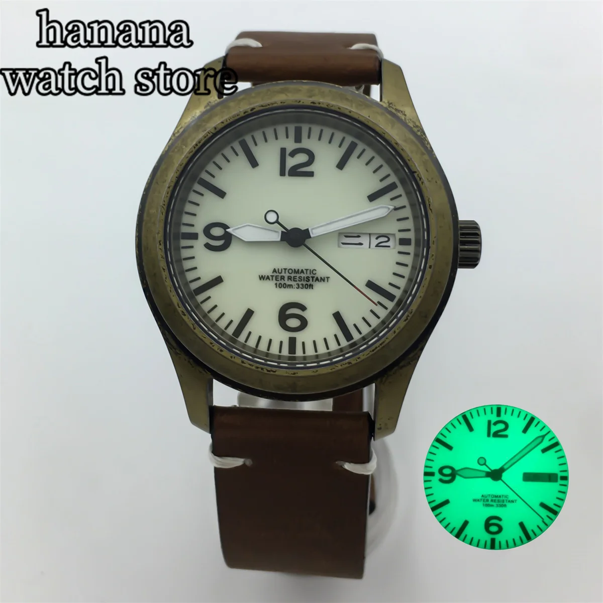 36mm 39mm Men\'s Bronze Watch Sapphire glass NH35 NH36 Automatic movement 100m waterproof green glow-in-the-dark leather strap