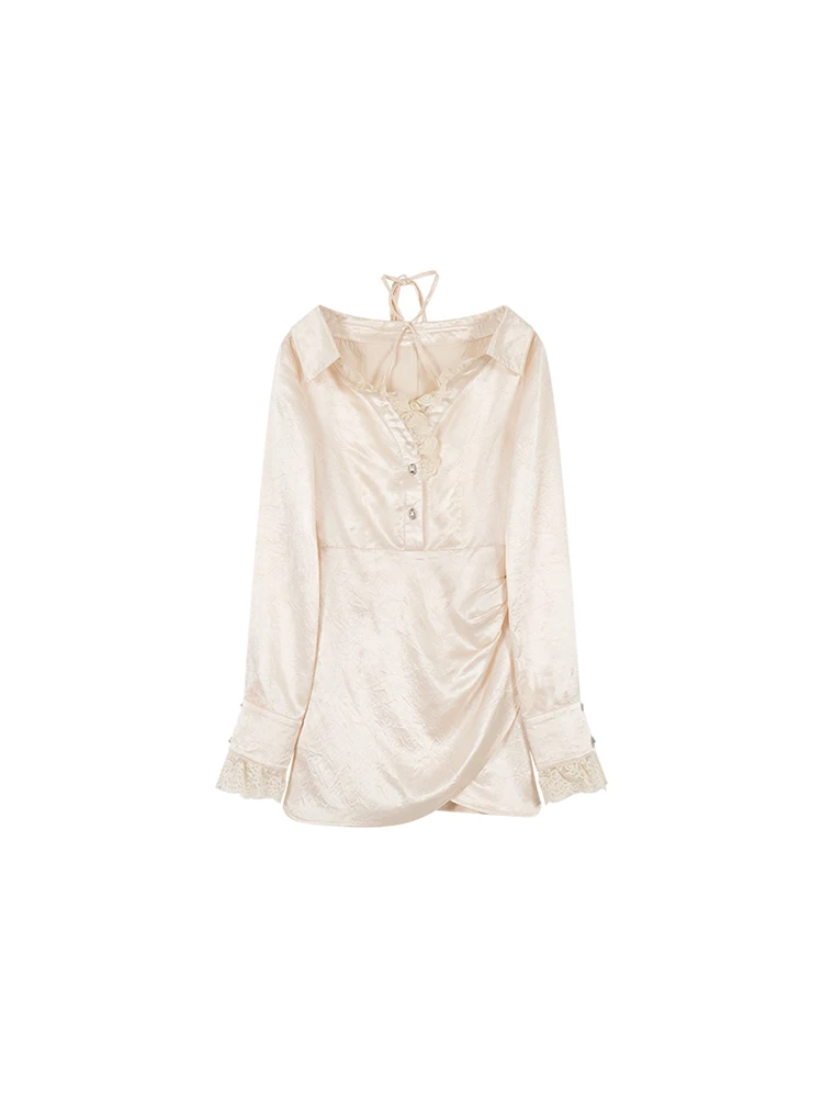 

Ele Original Lace Trim Splice Dr Faionable Long Sve Slim Fit Lady's Casual Fairy Skirt Sle Vinegar Fiber Dr