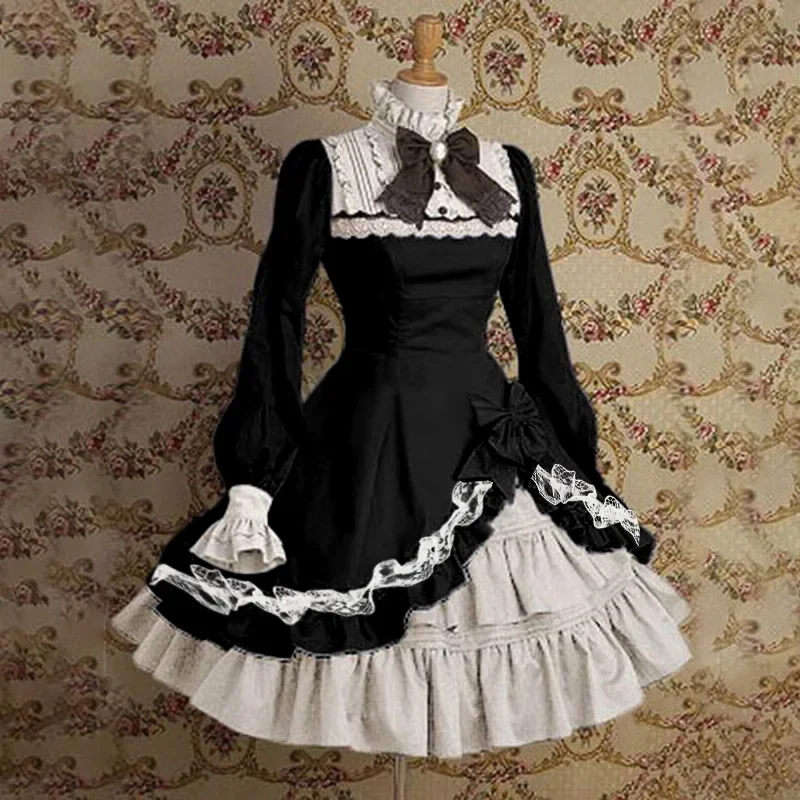 

High necked flared sleeve color matching bow Lolita dress