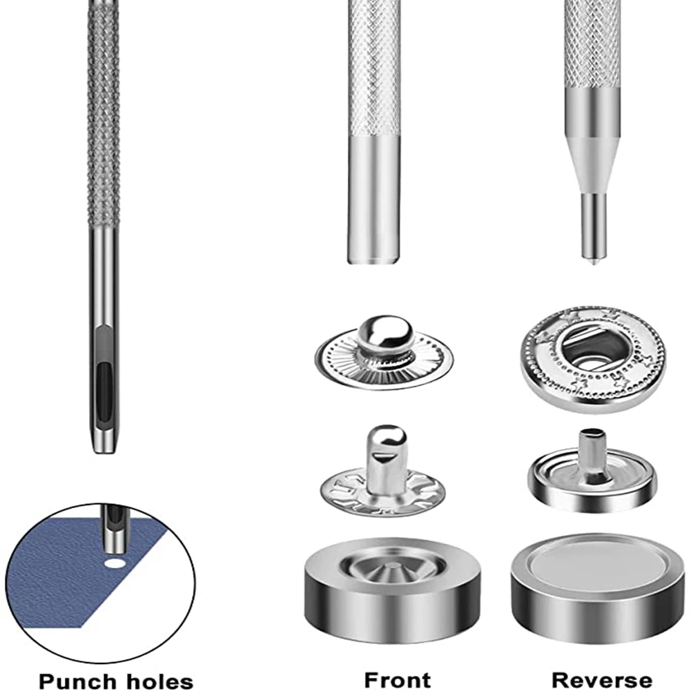 50 set Kit pengencang jepret kulit, jepret logam hitam, jepret kanvas perahu baja tahan karat untuk menjahit pakaian perak