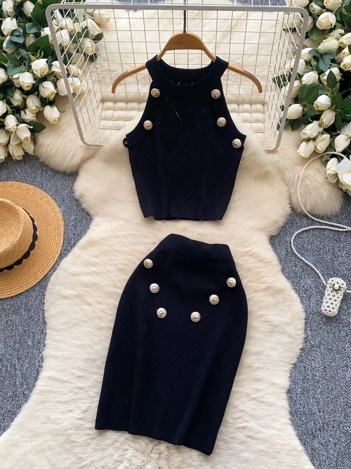 

High Waist Knitted Vest And Skirt Set with Metal Bule Women's Summer Faion Svel Clothing Tight Fit f-length Skirt