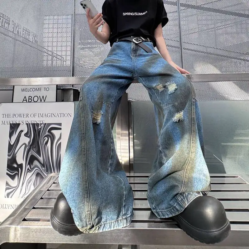 WTHT ヴィンテージ 2025 秋 メンズ タイダイ ホール バーレットエッジ デザイン デニムパンツ トレンド ハイストリート ルーズ ワイドレッグ ジーンズ 男性 2A1453
