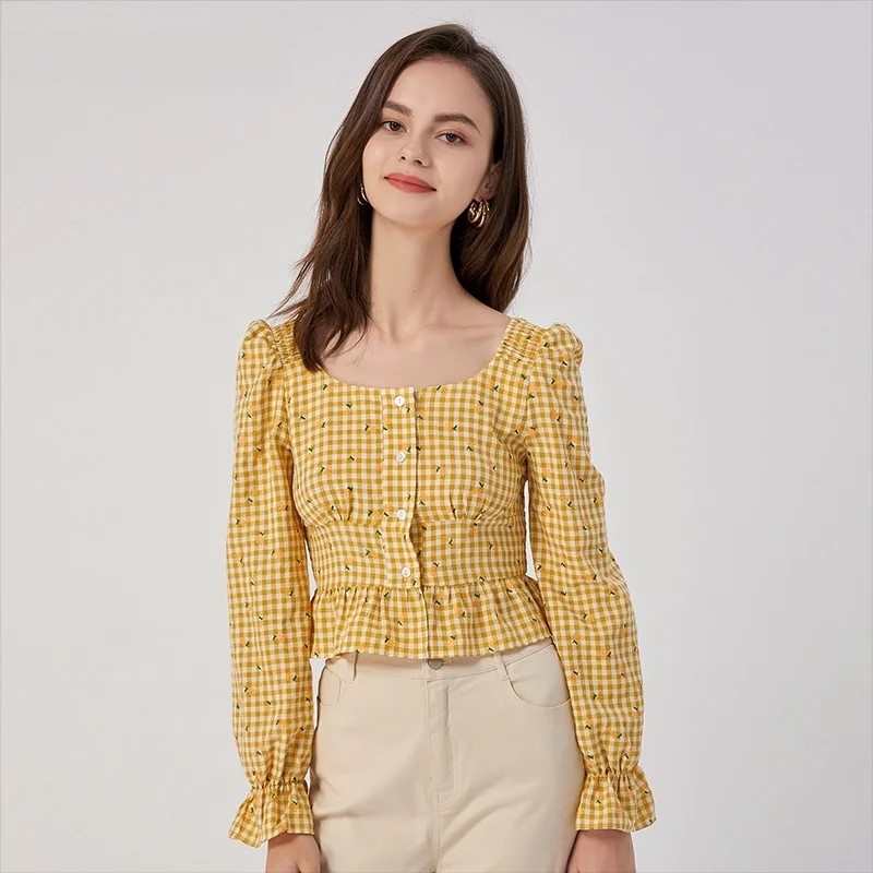 

Faionable Slim Fit Plaid Long Sve V Ne Sweet Sle Spring irt Ele Casual Women's Premium Quali Button Detail