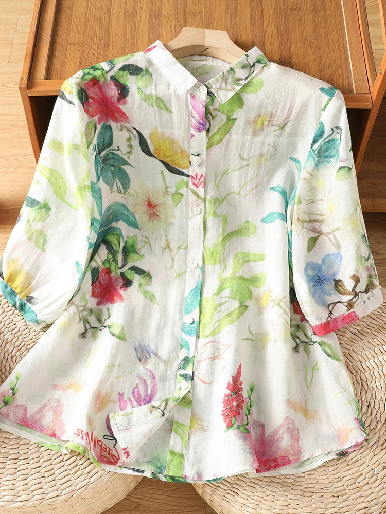 

Summer 2026 Floral Cotton Linen Casual Shirt plus Size Women's Country Style Print Blouse Versatile Loose Fit Short Sleeve Top