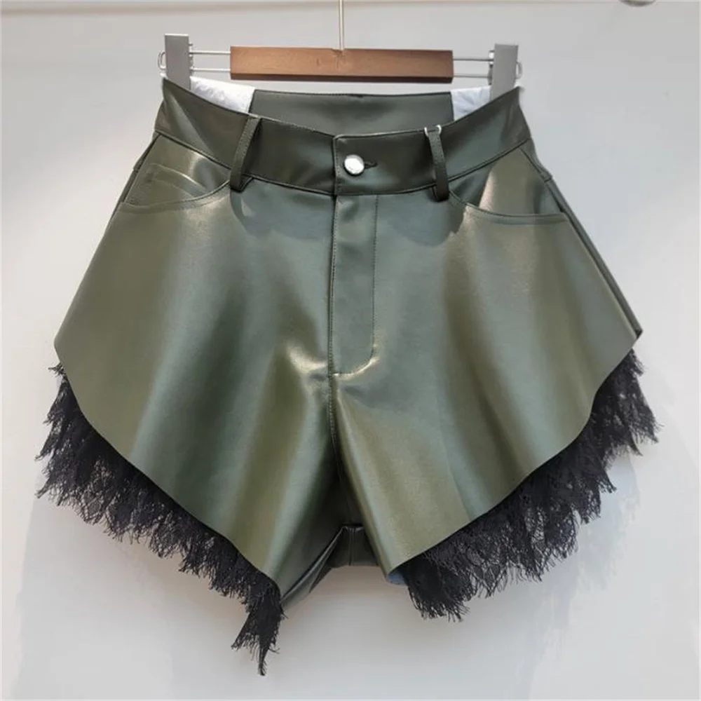 High waisted PU leather patchwork lace women's casual pants  shorts new