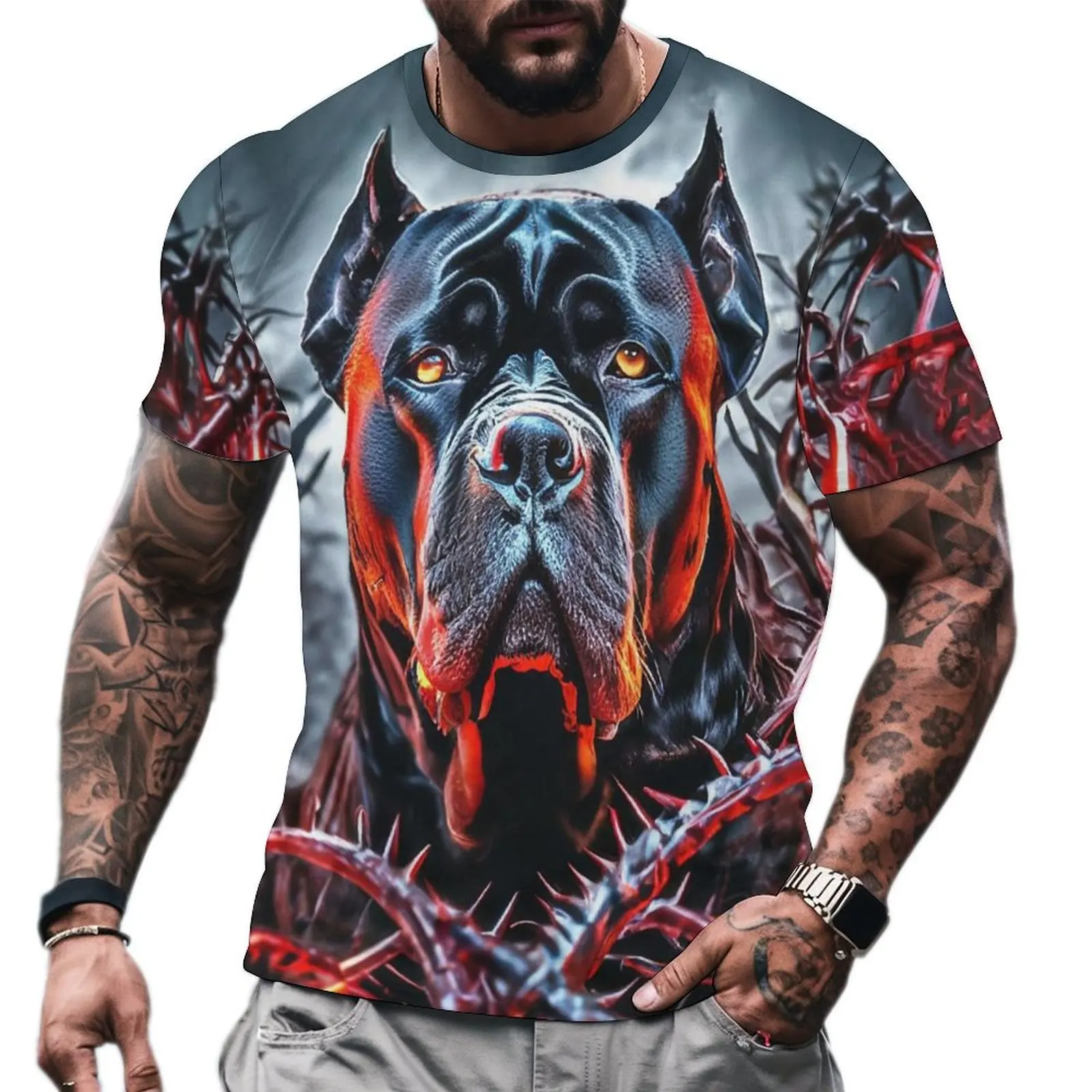 New 2025 Tropical Men's T-shirt Loose Oversized Men Short Sleeves Casual O-neck Top Hellhound 3d Printed Summer Street Menswear