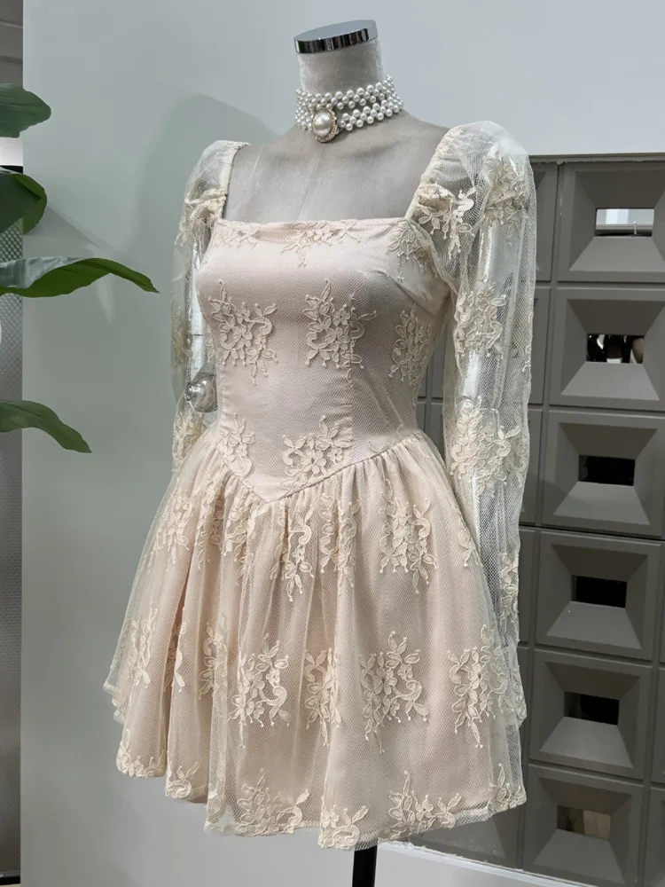 DFDG 2025 SS المرأة أنيقة الدانتيل قبالة فستان باف كم طويل سليم صالح الربيع الصيف حفل زفاف كوكتيل فستان أنيق #2