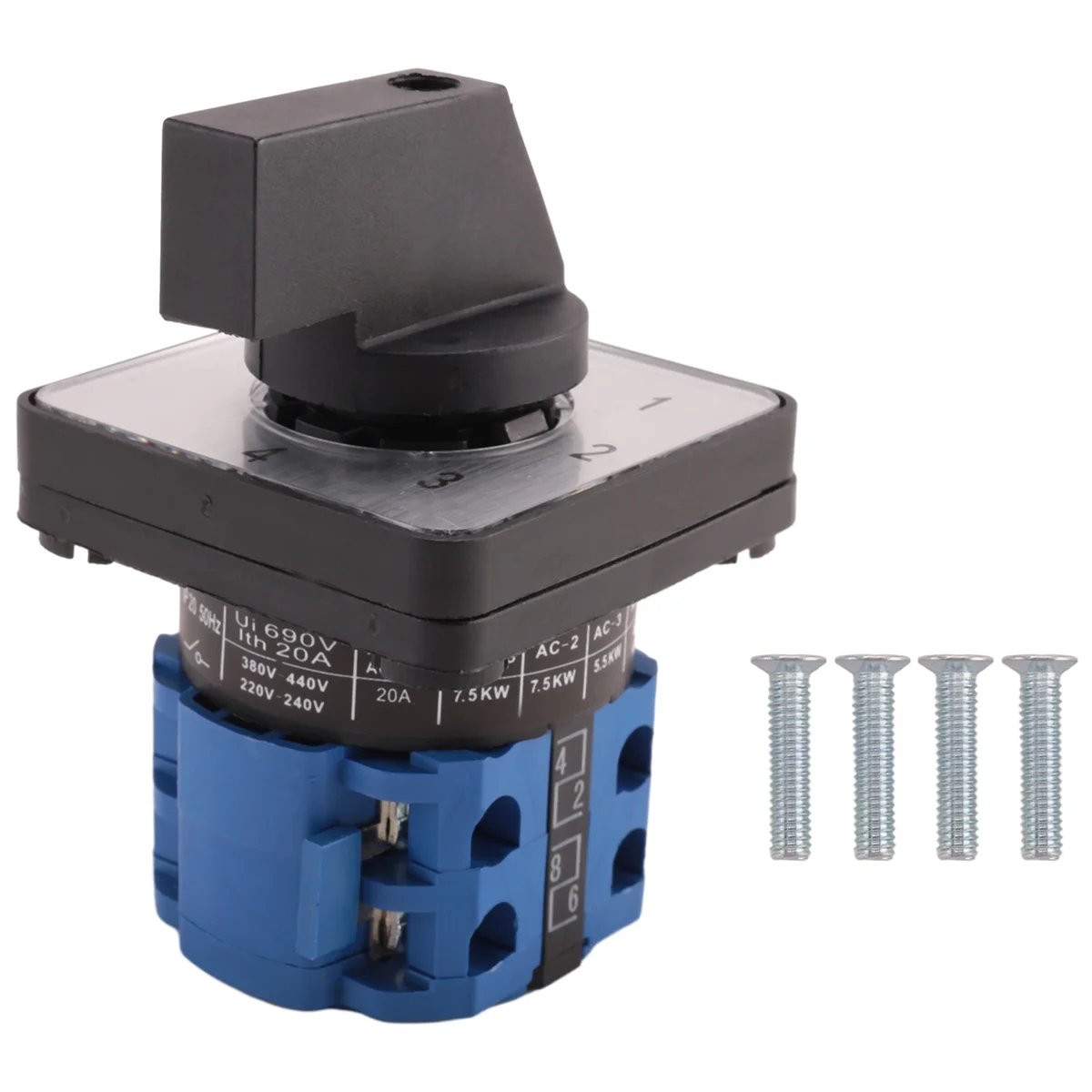 8 Terminals 5 Positions Master Control Rotary Cam Switch 20A Black+Blue