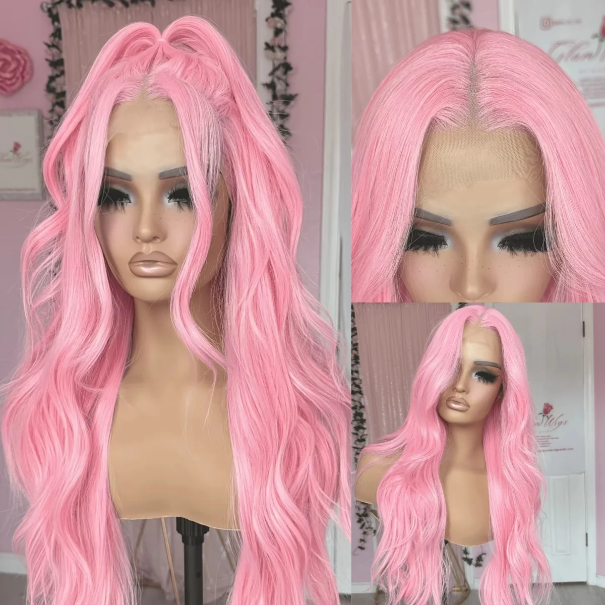 Pink 13x4 Hd Synthetic Lace Front Wigs Glueless Prepluck Invisible Hairline Lace Wigs For Women Party Halloween Costume Hair