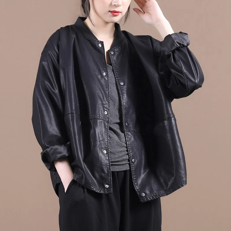 Gola de beisebol solta couro jaet casual outerwear para mulheres marca loja produtos sob medida longo sve cor pura commute sle