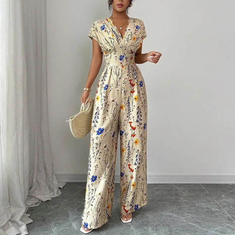 

Women's Jumpsuit Floral Print V Neck Short Sleeve High Waist Wide Leg Romper Beige Base Blue Floral Wrap Style Long Jumpsuit