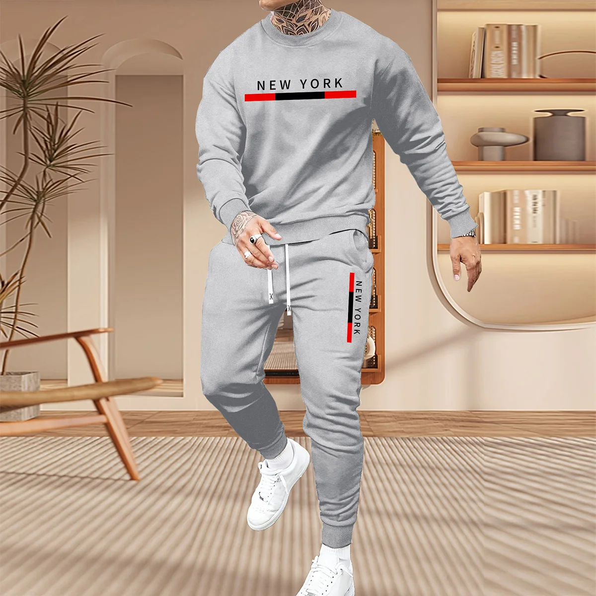 メンズ秋冬プリントパーカーセット、ゆったり快適、ショッピング、旅行、普段使いに最適