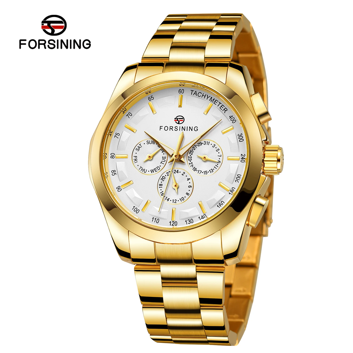 

Fashion Forsining Top Brand Real Three Eye Pointer Men's Full Business Steel Band Automatic Movement Mechanical Wrist Watches