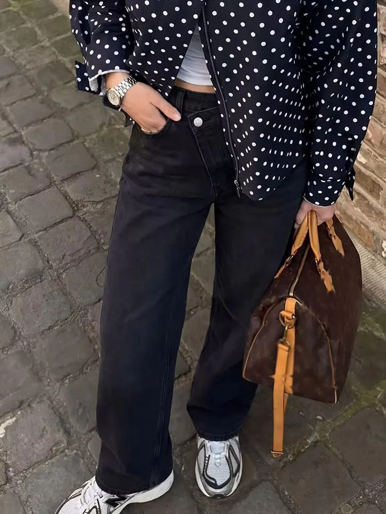Jeans de mujer a la moda con cintura cruzada, pierna ancha, botones asimétricos, cintura alta, estilo baggy, para streetwear, atuendos Y2K.