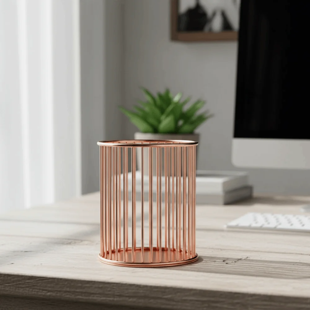 

Metal Material Pen Holder Hollow Out Design Gold Color Pencil Organizer Rose Gold Cylindrical Shape Desktop Organizer