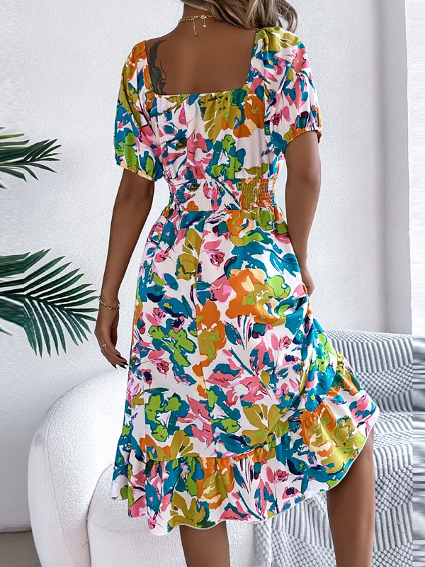 Retro stampa floreale quadrata Ne Maxi Dr Estate da donna Nuova gonna Gored cinched in vita da vacanza Midi Dr