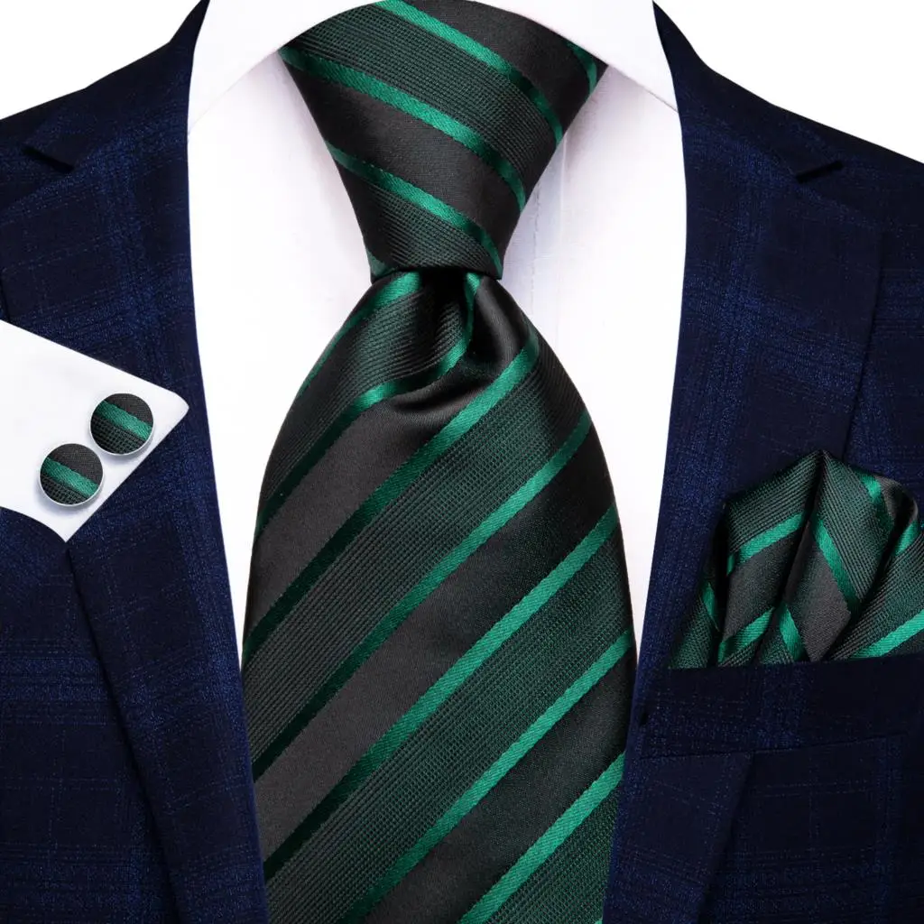 Hi-Tie Dark Green Striped Silk Elegant Tie For Men Groom Wedding Men Necktie Pocket Square Cufflink Accessory Wholesale Designer