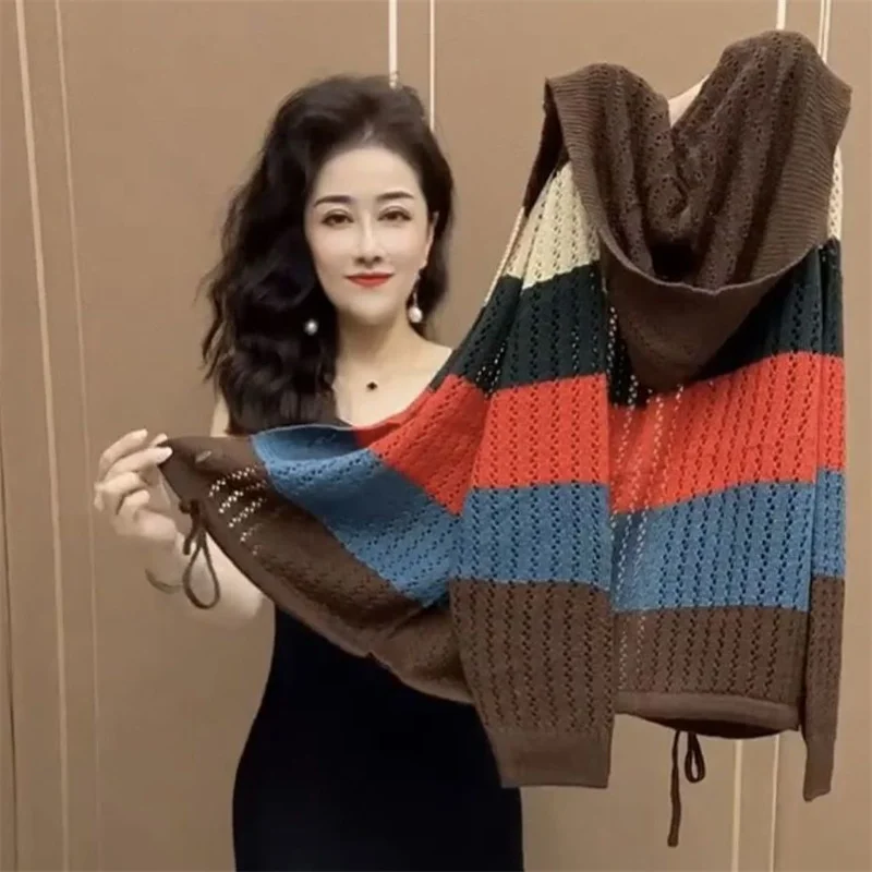 Women Korean Rainbow Stripe Hooded Knitted Coat 2023 Autumn Female New Western Style Reduced Age Cardigan Hollow Striped Sweater