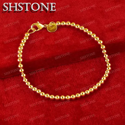 SHSTONE 18K Gold 4mm Beads Chain Bracelets For Woman Fashion Classics Jewelry Lady Party Engagement Wedding Birthday Fine Gifts