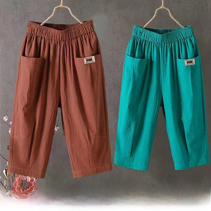 Summer Thin Cotton Linen Mom Pants Women Loose Large Size Elastic Waist Harem Casual Pants Comfortable High Waist ket Design