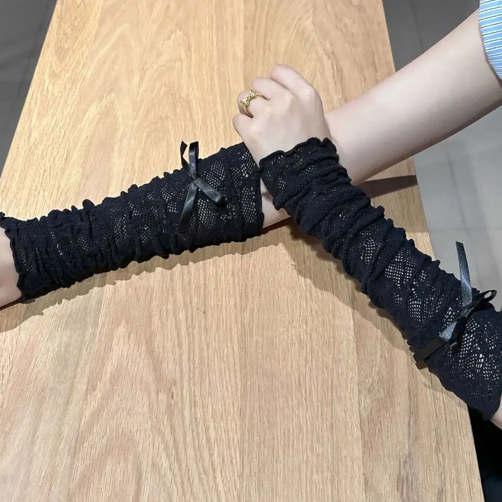 Punk Gothic Lolita Lace Gloves Elastic Bowknot Strapping Fingerless Mittens Japanese Mesh Sunscreen Sleeve Cosplay Accessories