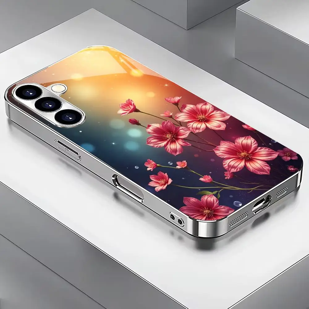 Flower design silver plated glass phone case suitable for Samsung Galaxy S26 S25 S24 S22 S21 S20 FE/Ultra/Plus hard case