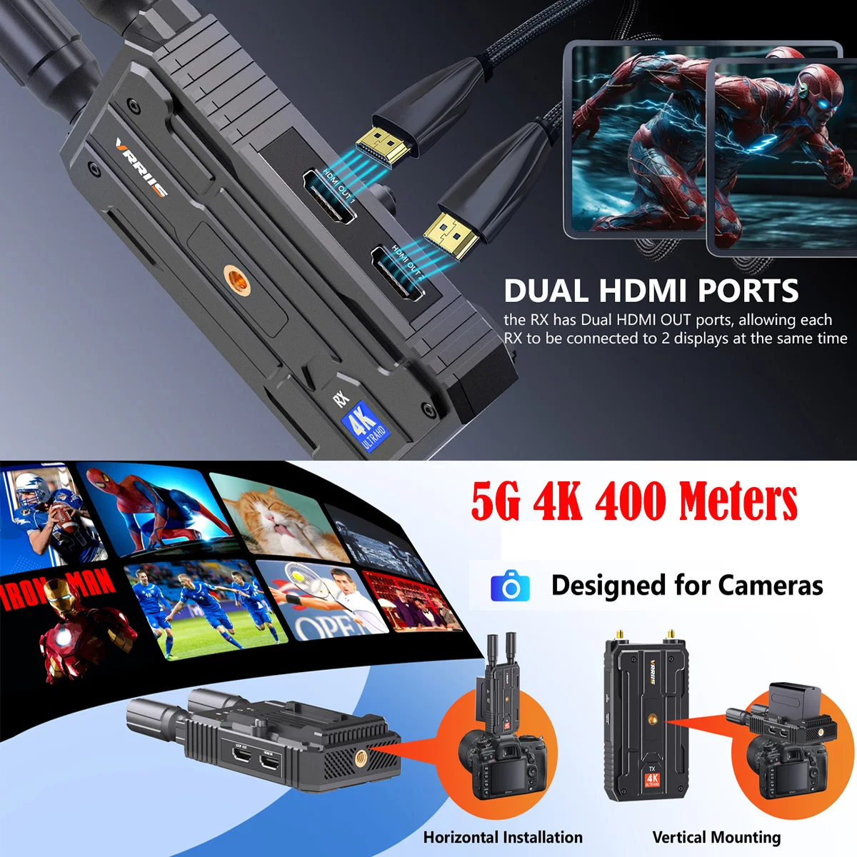 1300FT Dual HDMI Wireless Extender 4k Video Transmitter and Receiver for Camera Live Streaming Camcorder Outdoor Shooting PC TV