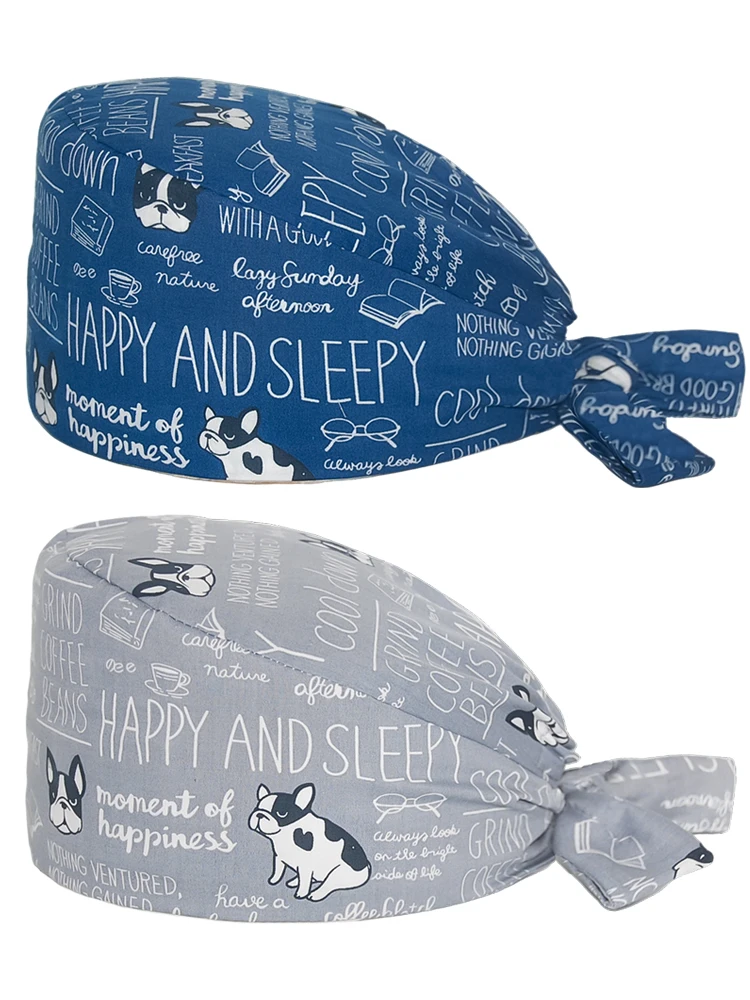 Soft Cartoon Dog Printed Scrub Cap for Woman Man Adjustable Surgical Nurse Doctor Hat Dental Pet Clinic Work Hats