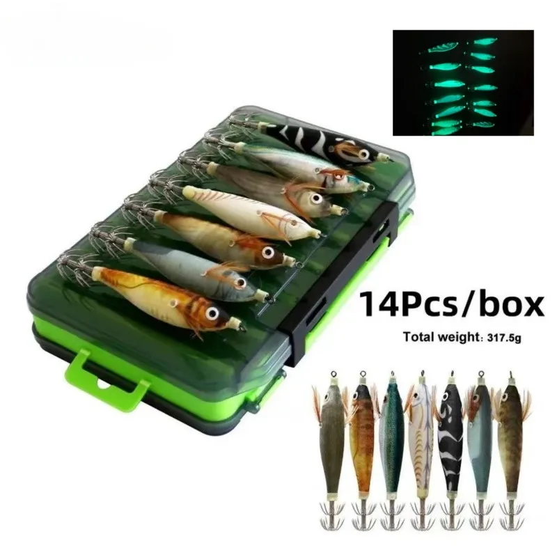 

14pcs Luminous Horizontal Squid Jig Wood Shrimp Squid Hook Artificial Bait Octopus Cuttlefish Shrimp Saltwater Hard Bait Tackle