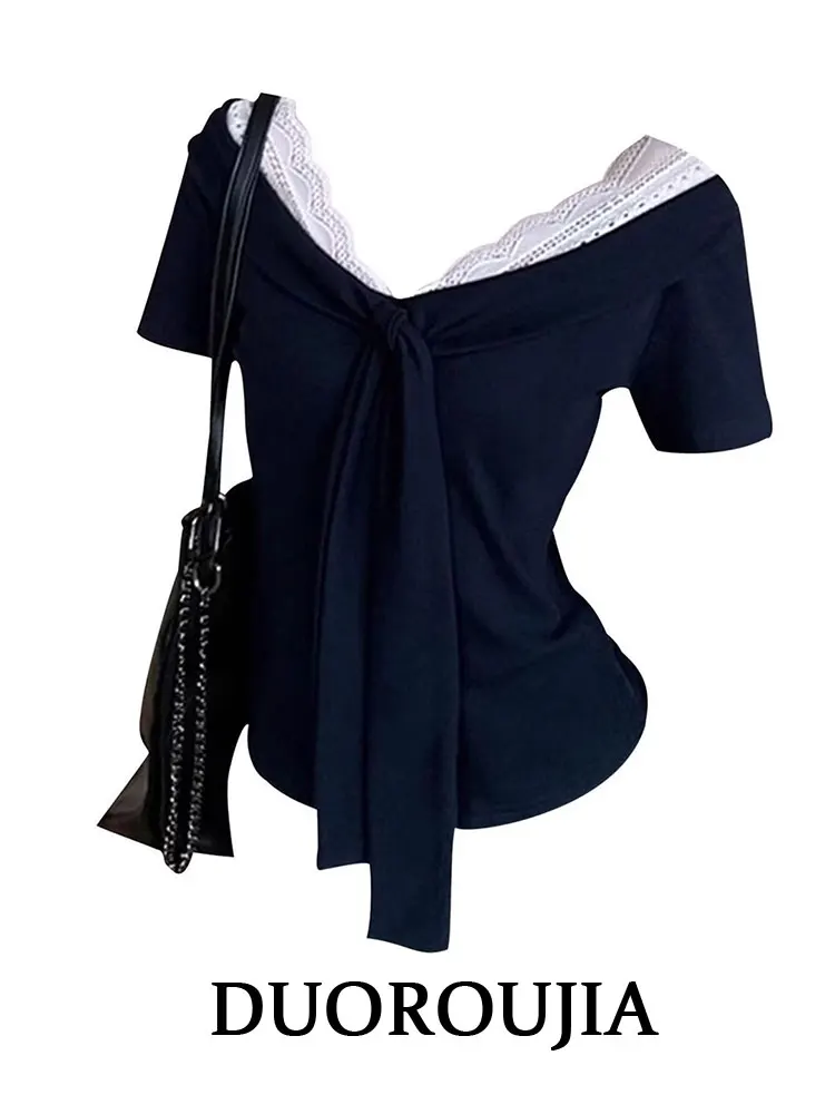 

plus Size Women's Lace Splice Tie V-Neck Short Sleeve T-Shirt Knot Top Korean Style Slim Fit Commute Style Summer Wear